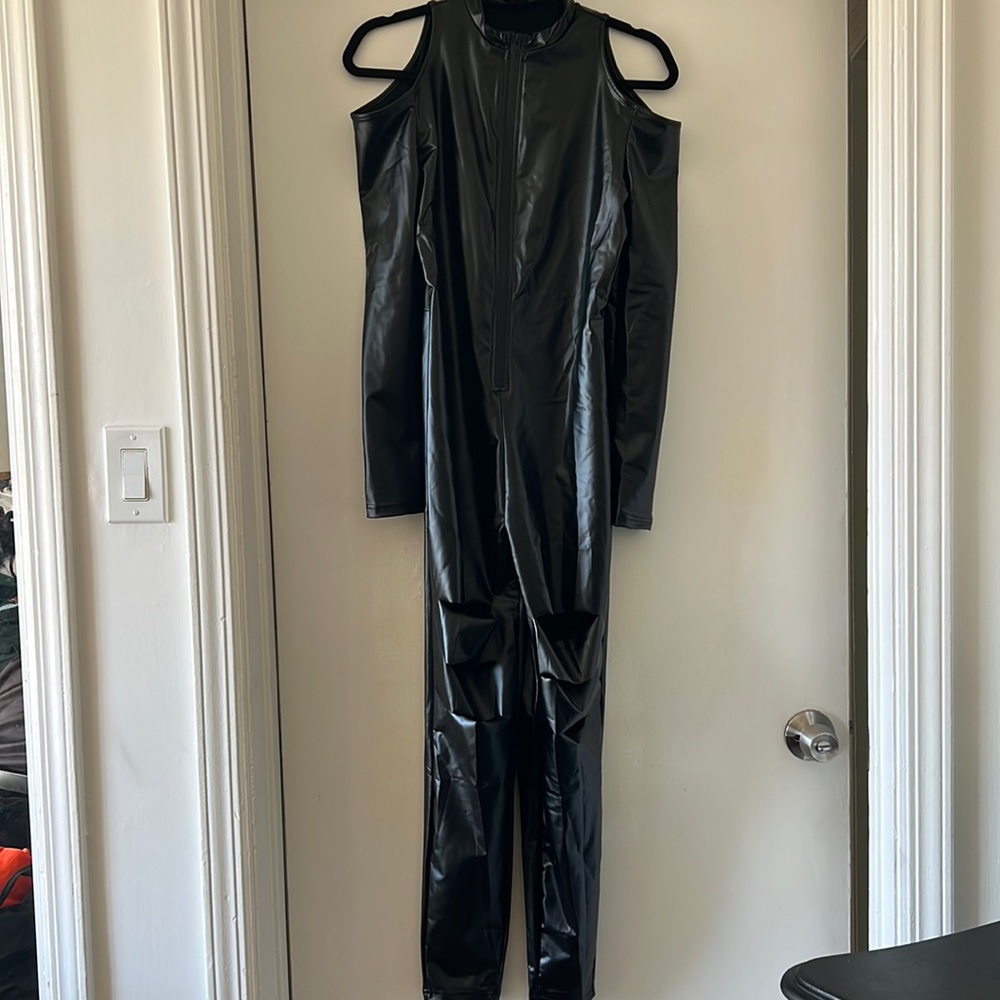 Faux, leather jumpsuit